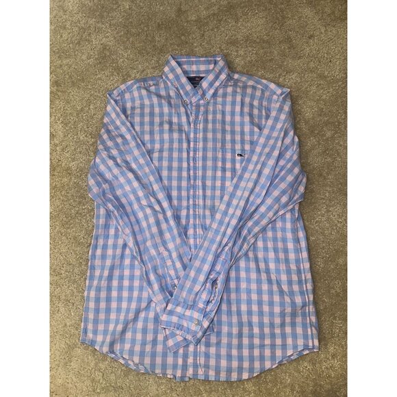 Vineyard Vines Slim Fit Tucker Shirt Men Medium Tattersall Blue Pink Button Down - Picture 1 of 5